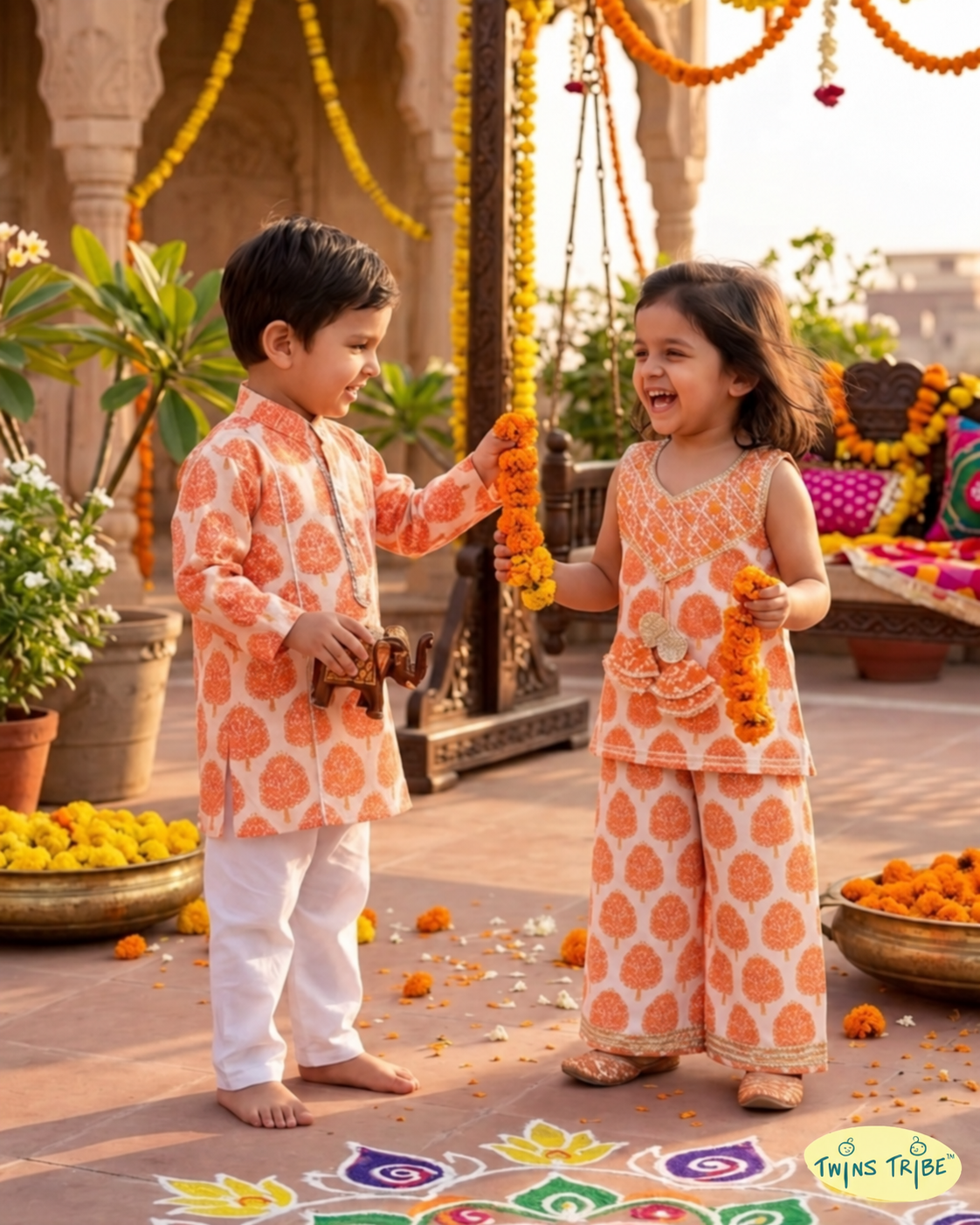 Twin Sunshine – Orange Printed Kurta Pajama & Palazzo Set for Twins – TwinsTribe x Chhutkan Celebration Edit