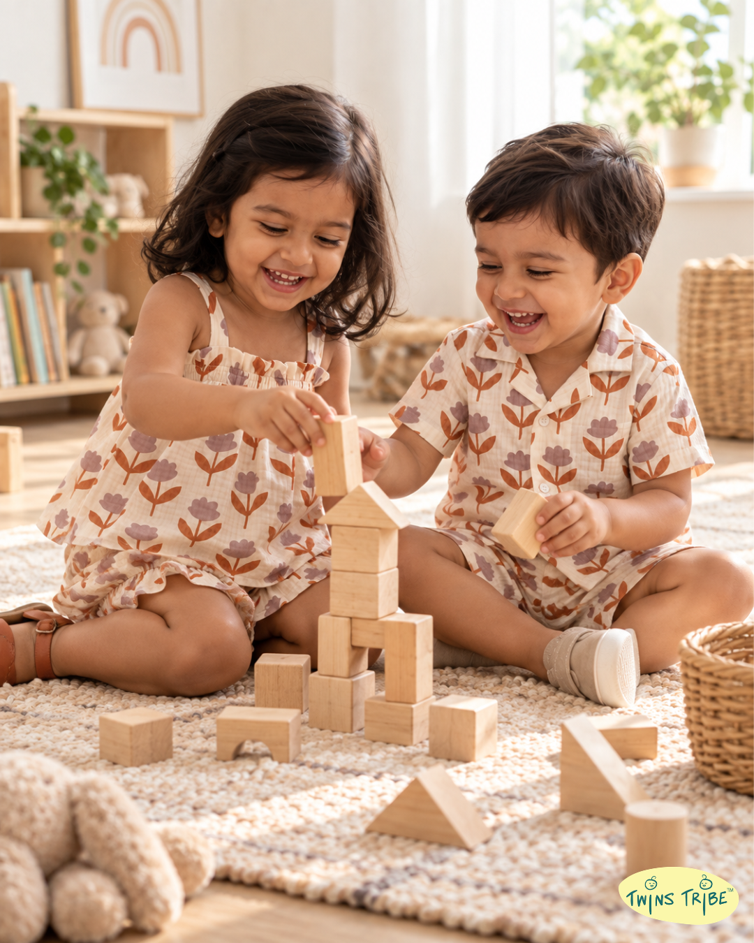 Twin Meadow – Floral Cotton Short Sets for Twins – TwinsTribe x Chhutkan Celebration Edit