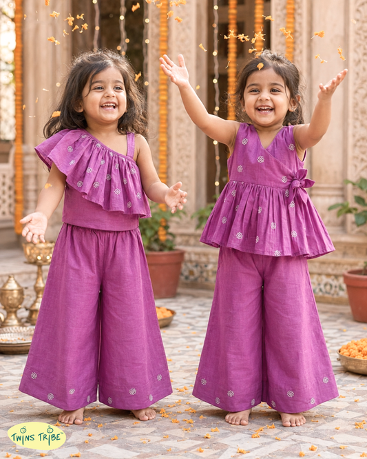 Purple Poetry – Embroidered Chanderi Top & Palazzo Sets for Twin Girls – TwinsTribe x Chhutkan Celebration Edit