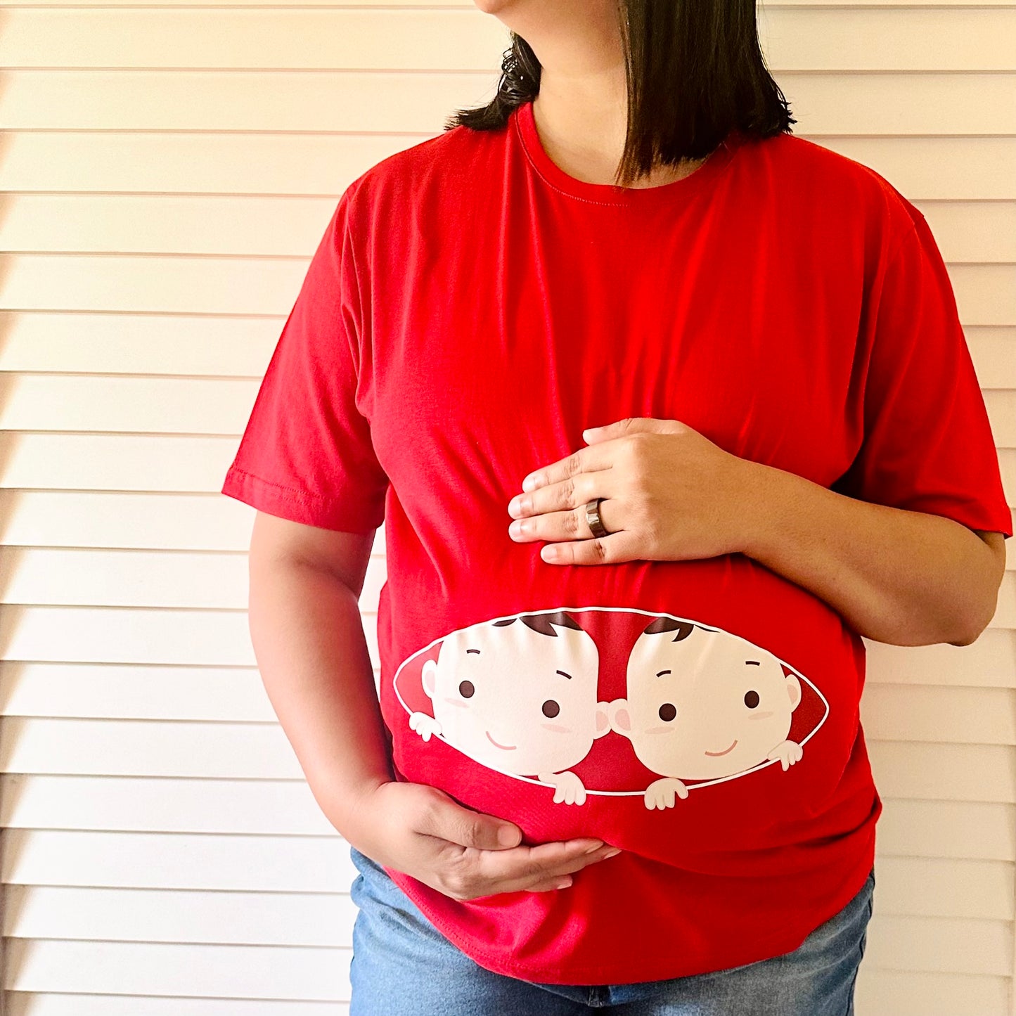 Peek-a-Boo – Tee for Expecting Twin Moms (Red)