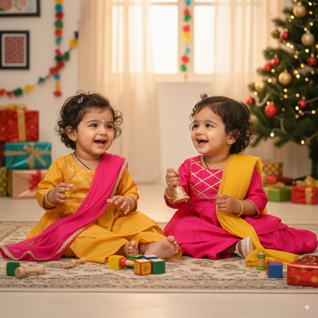 Twin Glow Set – Yellow & Pink Sharara Suits - TwinsTribe x Critter Kids Festive Collection