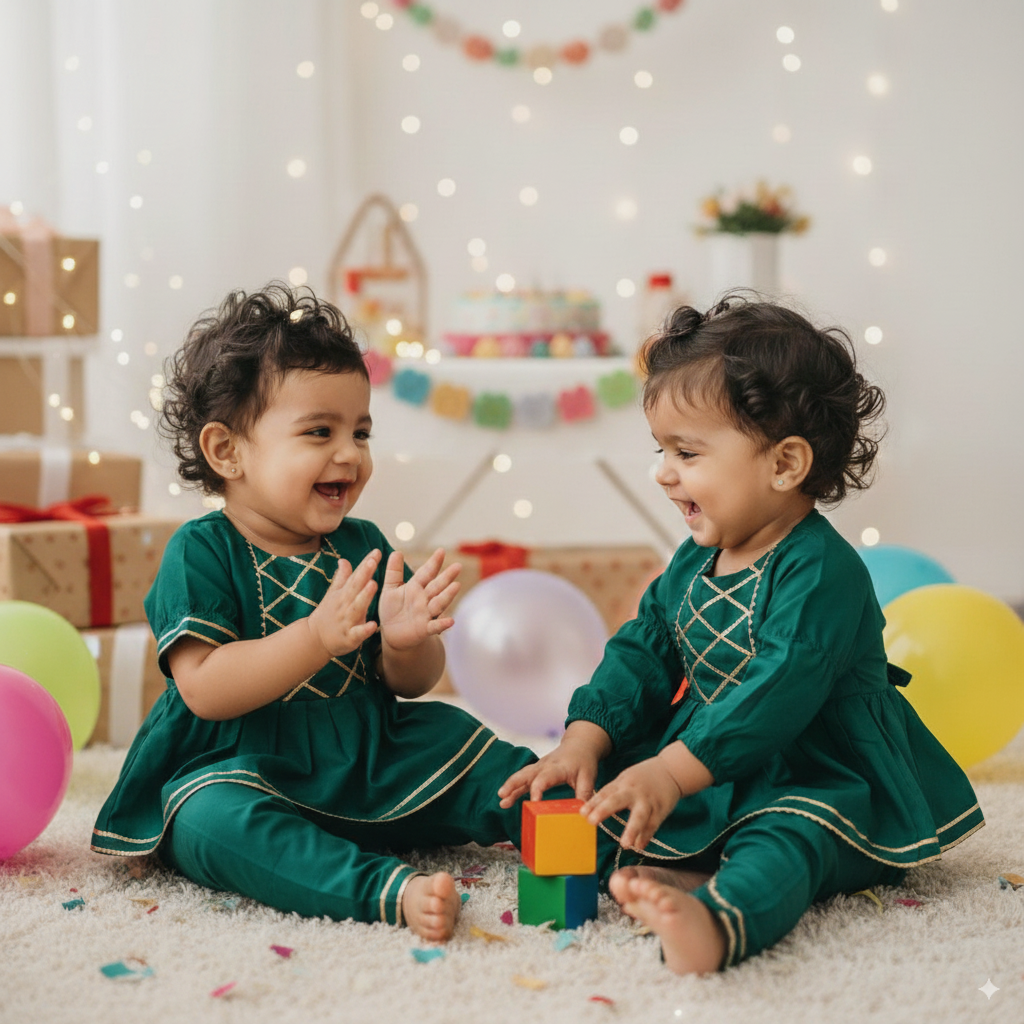 Twin Noor Set – Green & Golden Kurta Outfits - TwinsTribe x Critter Kids Festive Collection