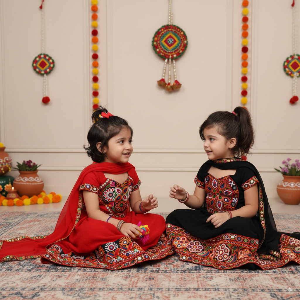Twin Utsav Set – Exclusive Hand-Embroidered Chaniya Cholis - TwinsTribe x Critter Kids Festive Collection