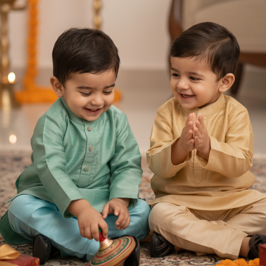 Twin Classic Set – Aqua Blue & Golden Kurta Pyajama - TwinsTribe x Critter Kids Festive Collection