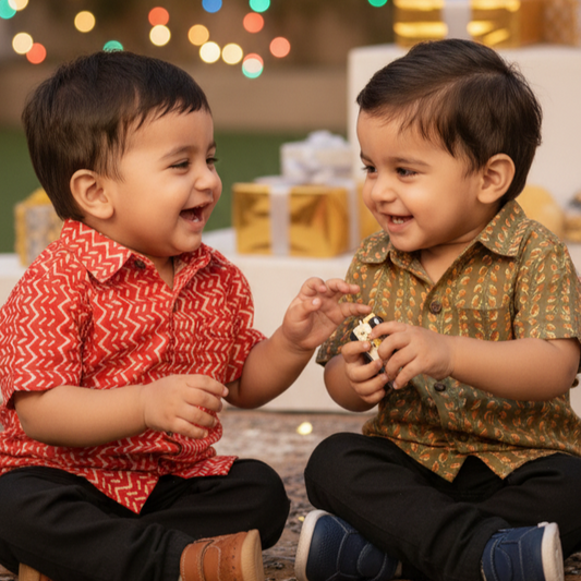 Twin Harmony Set – Red & Mustard Festive Shirts - TwinsTribe x Critter Kids Festive Collection