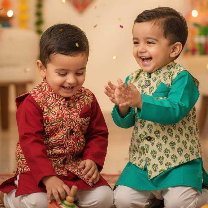 Twin Regal Set – Green & Red Kurta Jacket Combo - TwinsTribe x Critter Kids Festive Collection