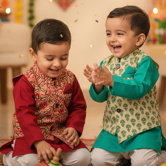 Twin Regal Set – Green & Red Kurta Jacket Combo - TwinsTribe x Critter Kids Festive Collection