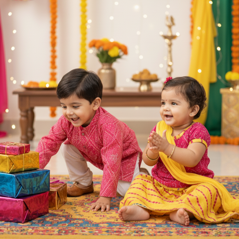 Twin Bloom – Fuschia Kurta & Yellow Bandhani Lehenga Set - TwinsTribe x Critter Kids Festive Collection