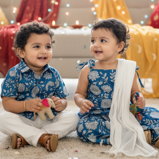 Twin Blues – Indigo Floral Shirt & Kurta Sharara Set - TwinsTribe x Critter Kids Festive Collection