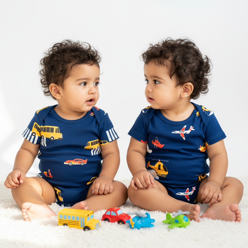 TwinsTribe Twins Onesie Set – Wheels & Wings