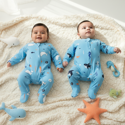 TwinsTribe Twins Rompers Set – Dolphins and Sharks