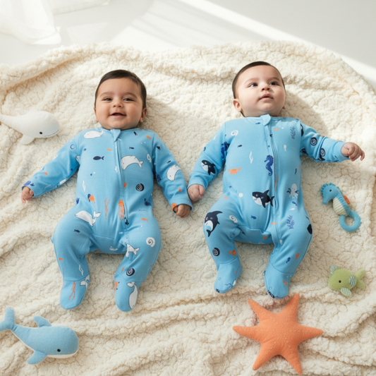 TwinsTribe Twins Rompers Set – Dolphins and Sharks