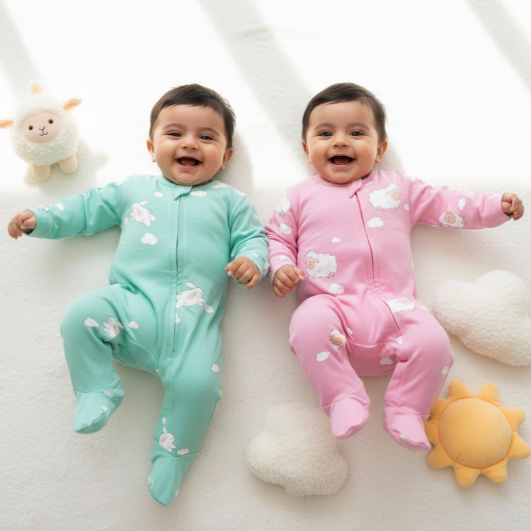 TwinsTribe Twins Rompers Set – Sheep and Bunnies
