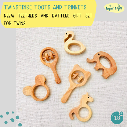 TwinsTribe Toots and Trinkets – Neem Teethers and Rattle Gift Set for Twins